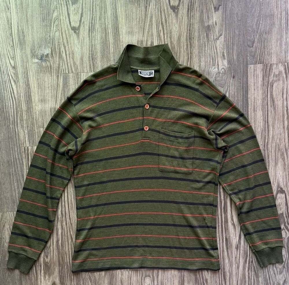 Maglieria Borg Vintage Made in Italy Olive Green Striped Long Sleeve Polo Shirt